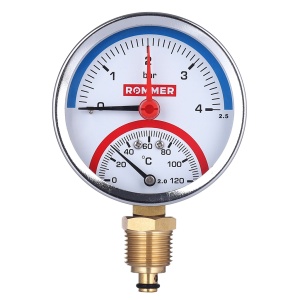 Термоманометр радиальный Dn 80 мм 1/2", 0...120°C, 0-4 бар. Rommer
