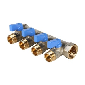 Коллектор с шаровыми кранами 3/4", 4 отвода 1/2" (синие ручки) STOUT